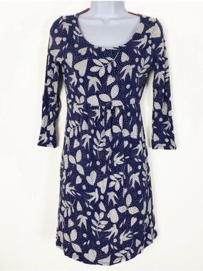 BODEN J0044 Navy Tunic Dress Polka Dot Bird Print  Leaf Size 6R Casual Spring
